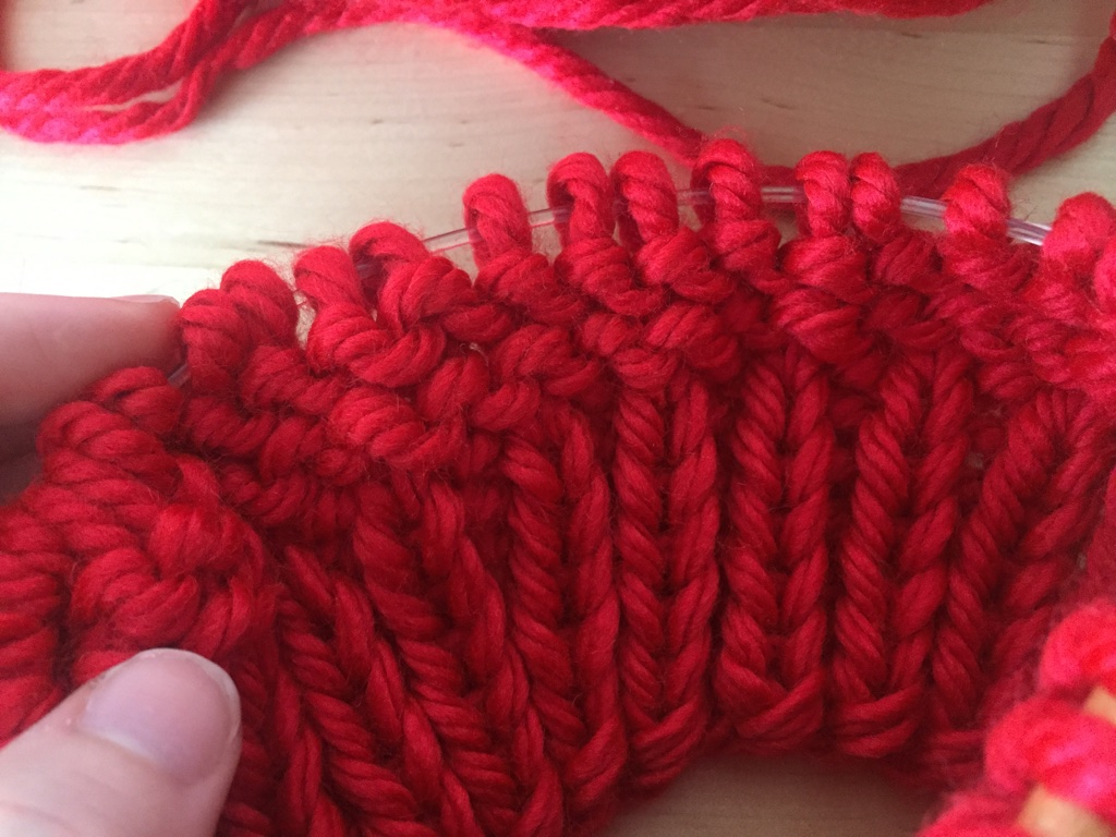 stockinette stitch on circular needles viewed from the inside of the hat