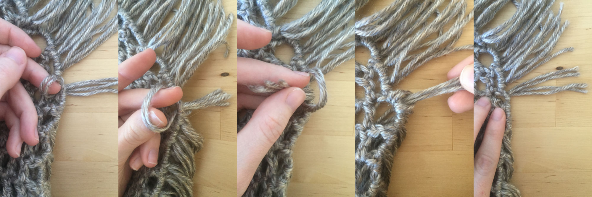 process of adding fringe to the scarf